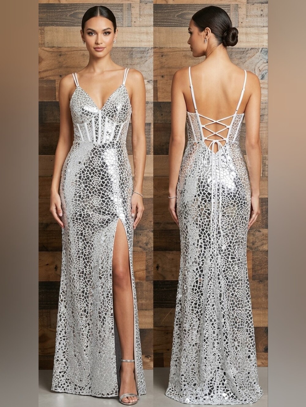 Morgan & Co. Silver Mosaic Sequin Maxi Dress with Spaghetti Straps Size 1
